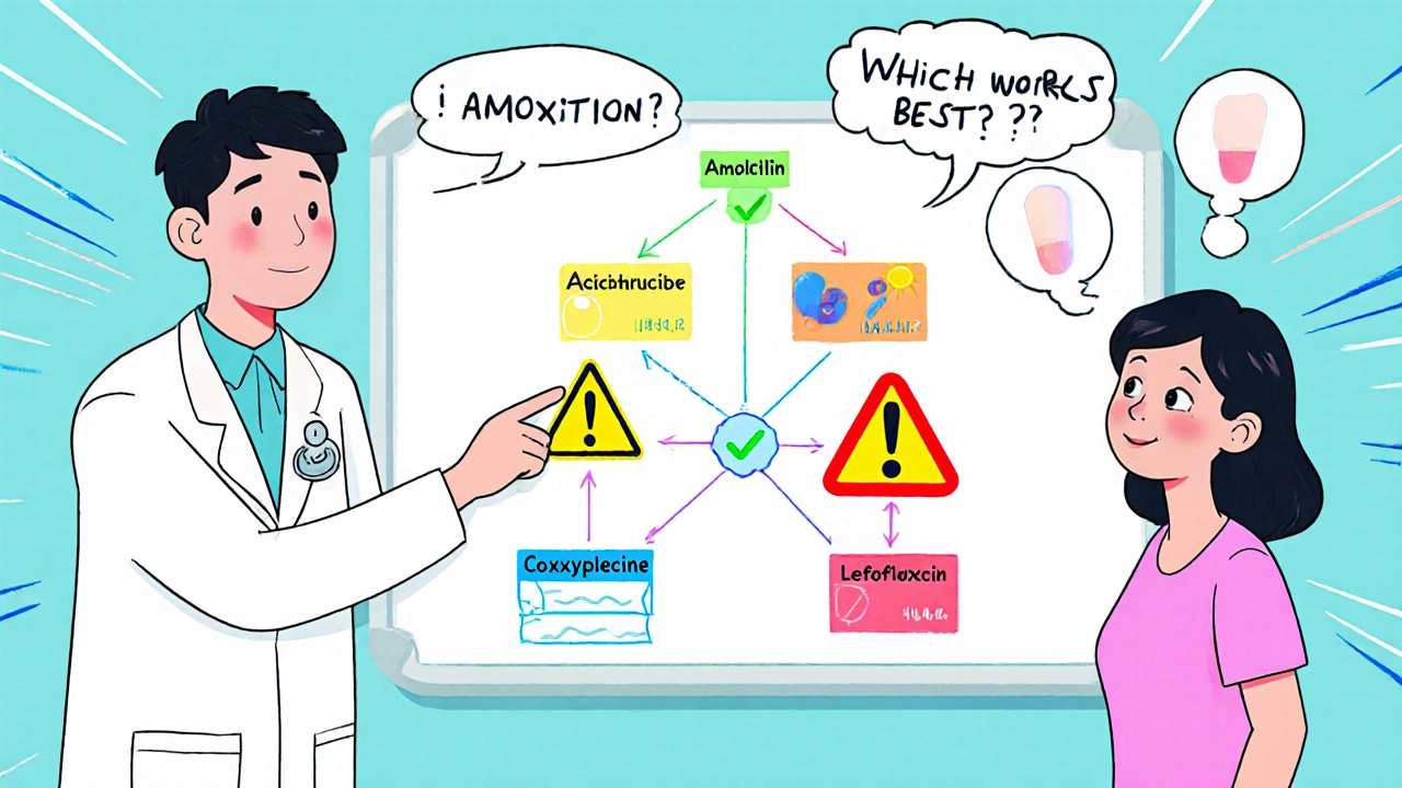 A doctor explains antibiotic alternatives using a colorful flowchart with icons for each drug and a curious patient listening.
