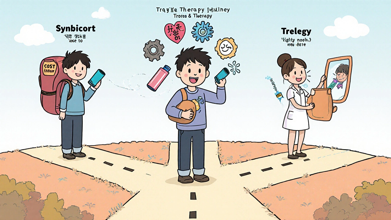 A person choosing between inhaler options at a crossroads, with symbolic paths showing cost, complexity, and simplicity.