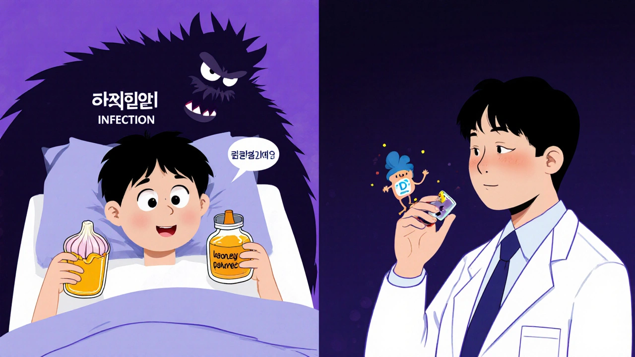 A split scene showing harmful reliance on honey and garlic versus proper antibiotic treatment with a doctor.