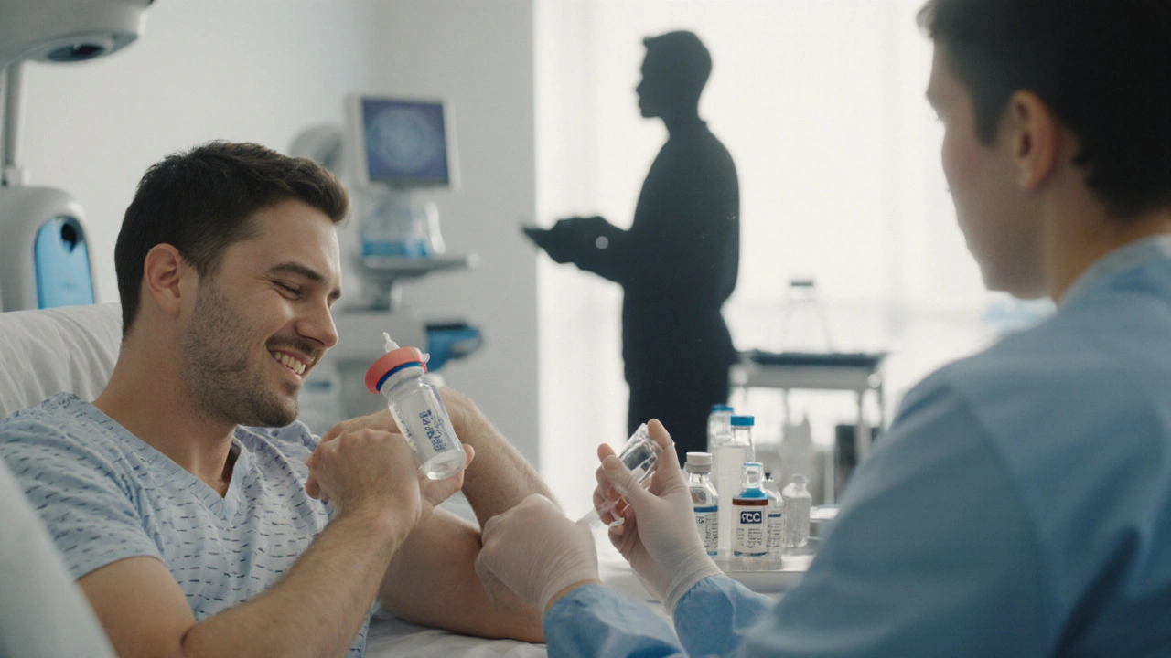 Clinical scene of testosterone gel, injection, and gonadotropin therapy options.