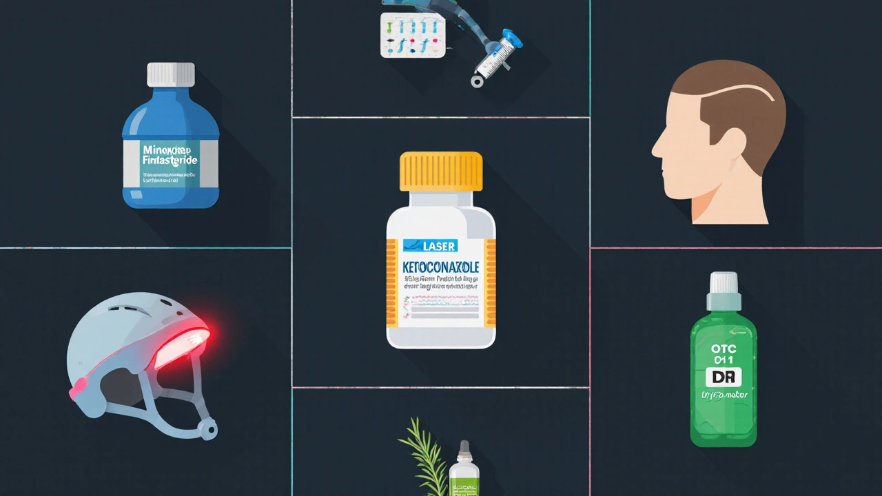 Collage of icons representing Minoxytop, finasteride, PRP, laser helmet, transplant, shampoo, rosemary oil, and DHT blockers.