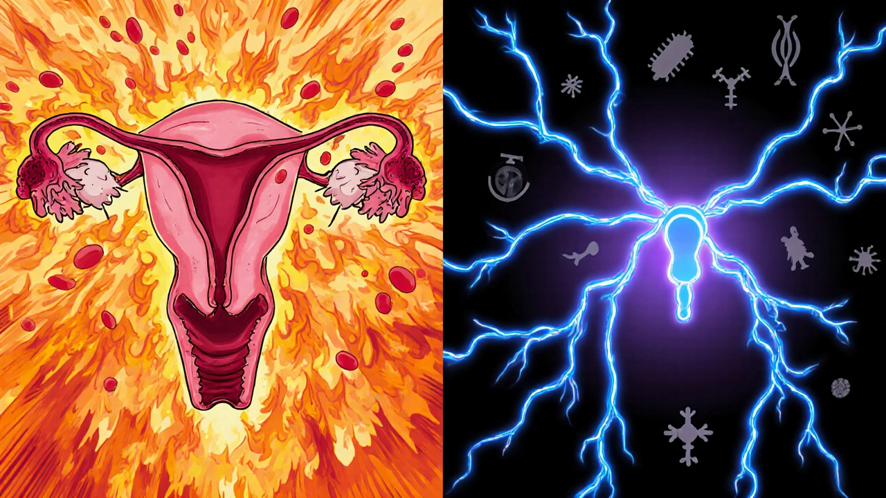 Comic panels depict fiery inflammation and glowing nerves linking vaginal burning to pelvic pain.