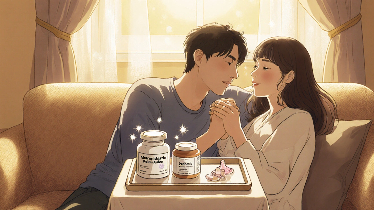 Couple hugging on couch, medication and condom on tray showing treatment and intimacy.