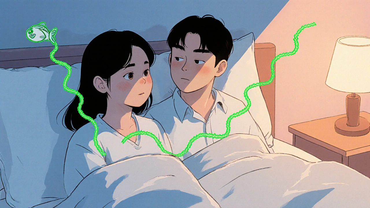Couple in bed, visual odor waves indicating tension about BV symptoms.
