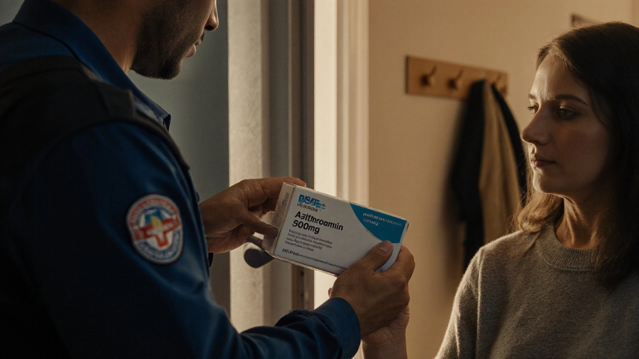 Courier handing sealed medication box to homeowner who checks the label.