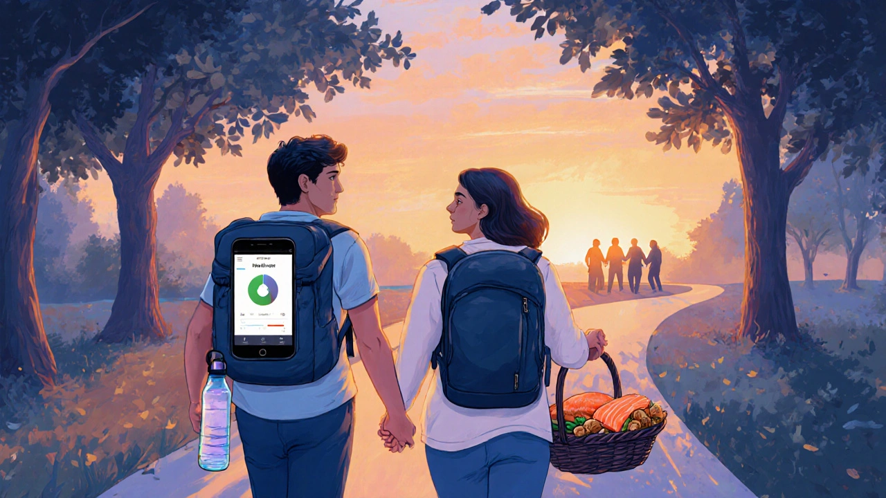 Digital painting of a couple walking in a sunrise park, one holding a phone with a mood‑tracker app, carrying healthy snacks.
