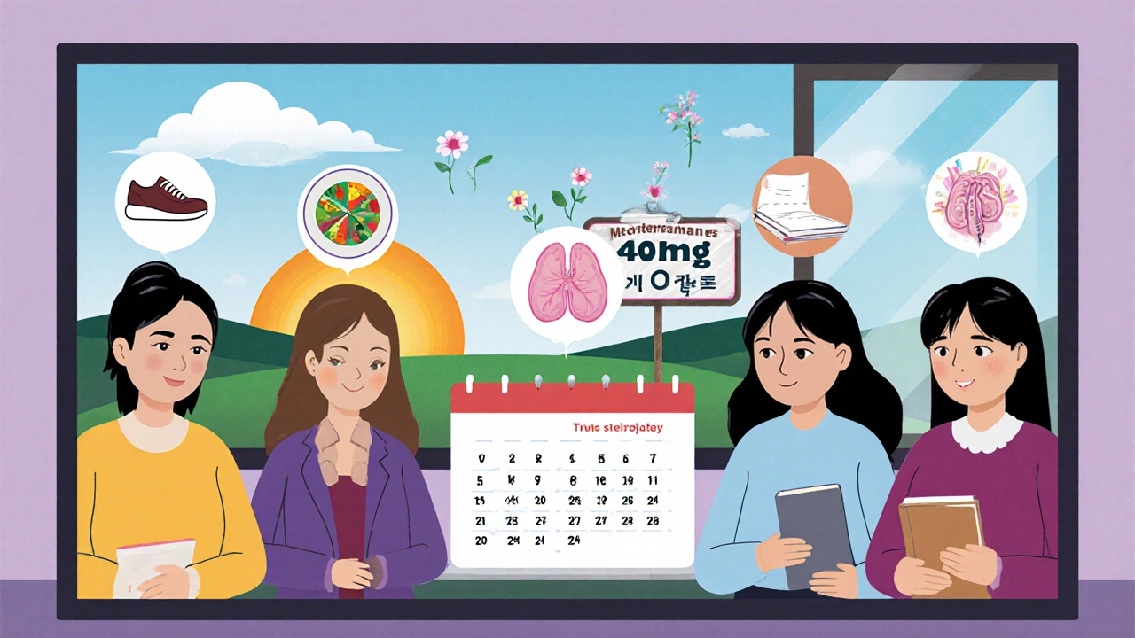 Diverse patients in telehealth call, each with recovery icons, as a calendar shows steroid taper progress and sunrise in background.