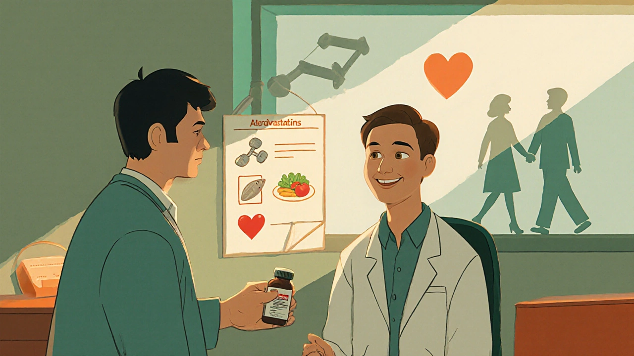 Doctor and patient discuss lifestyle changes; pill bottle present, icons represent exercise, diet, and heart health.