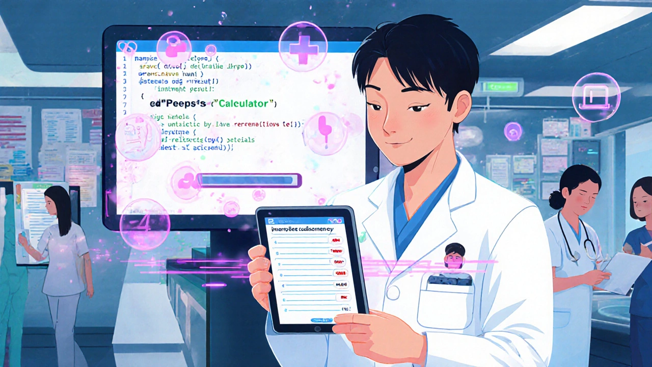 Doctor using tablet app to calculate Naranjo score with auto‑filled data.
