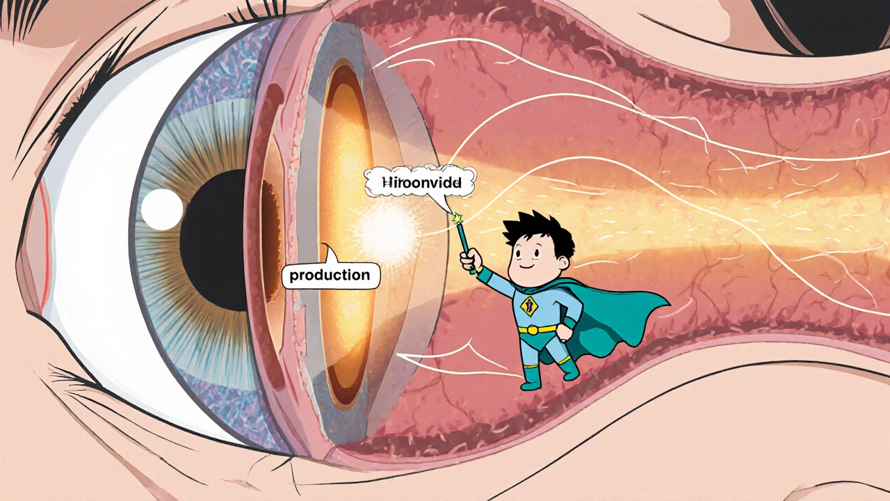 Eye cross‑section with a brimonidine molecule reducing fluid production and increasing outflow.