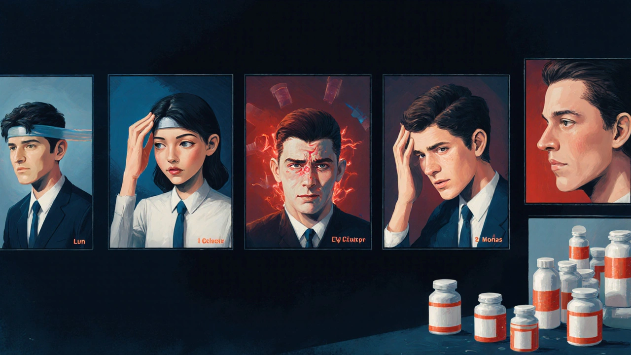 Five scenes showing tension, migraine, cluster, sinus and medication‑overuse headaches.