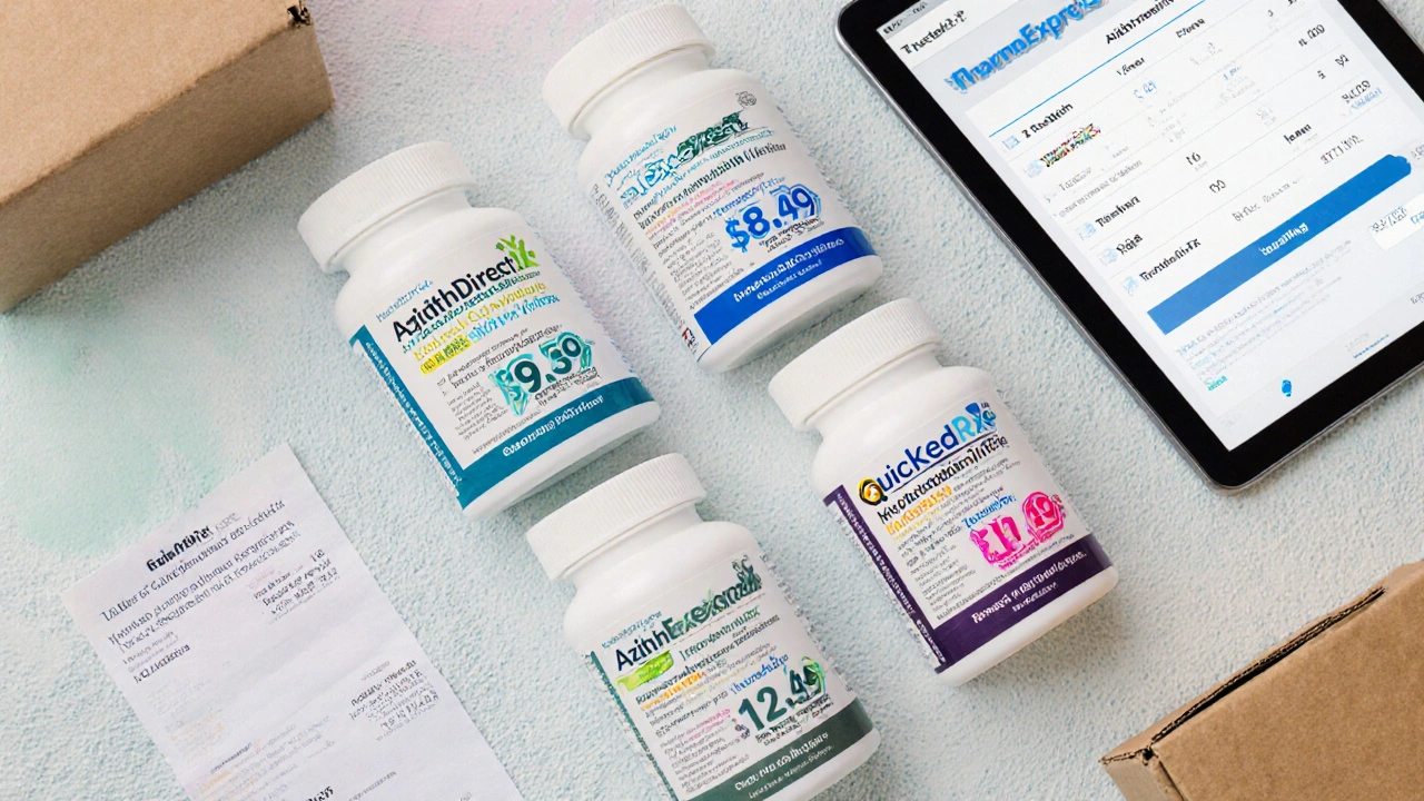 Flat lay of four azithromycin bottles, price tags, shipping boxes, and tablet price list.