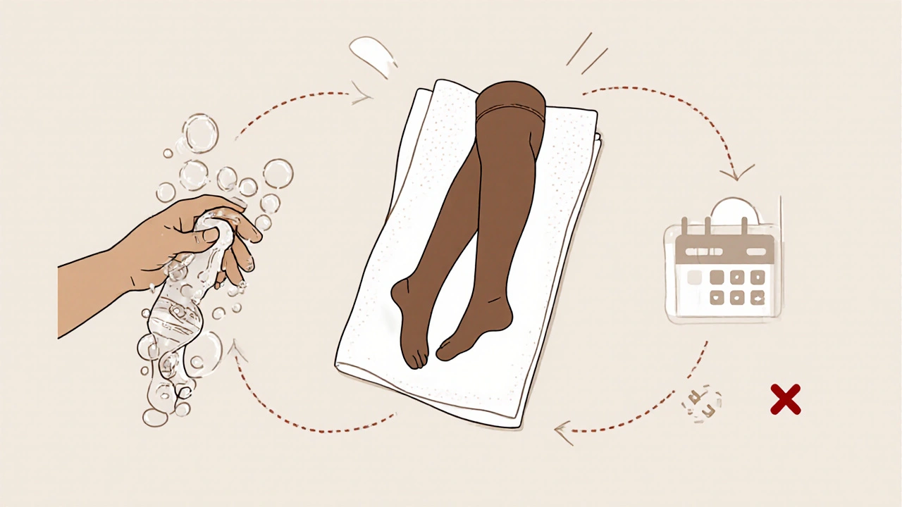 Hand washing compression stockings, then drying them flat, with icons for care and common mistakes.