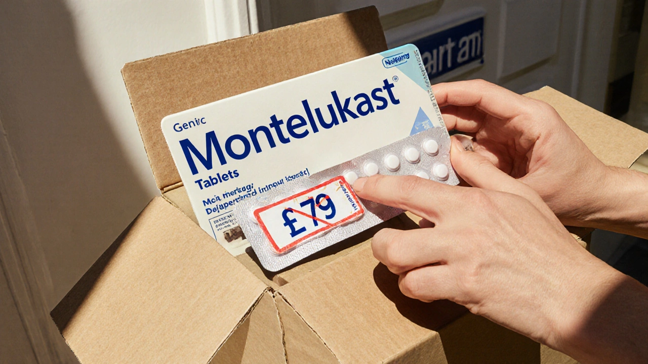 Hands opening a delivery box, revealing authentic generic Montelukast blister pack with low price tag.