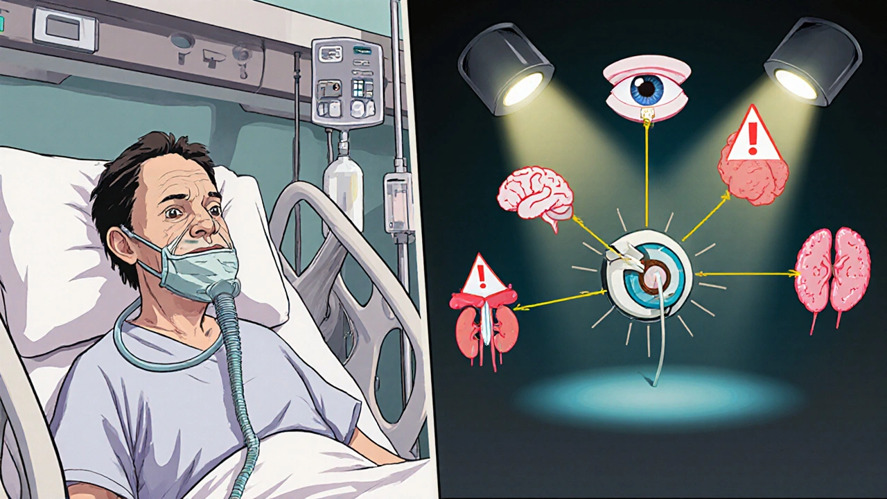 ICU patient with multiple lines and visual of Candida spreading to eyes, brain, heart, and kidneys.