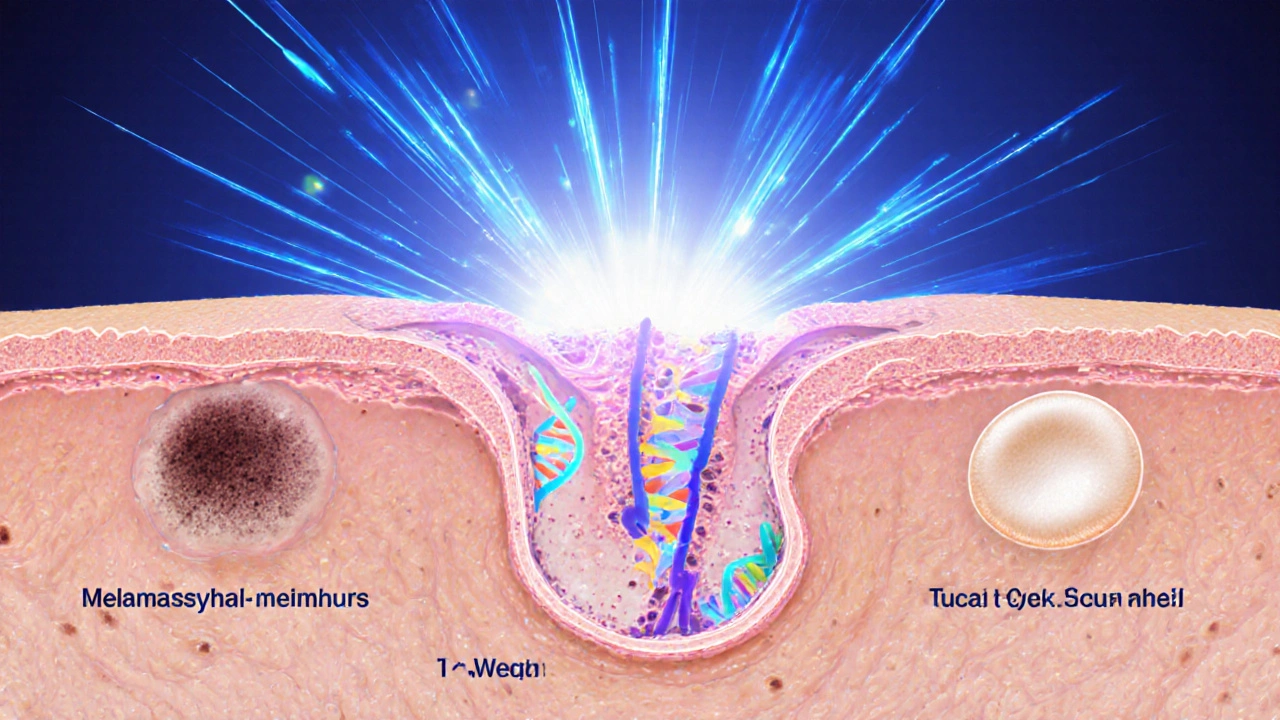 Illustration of UV rays damaging skin DNA and showing three skin cancer lesions.
