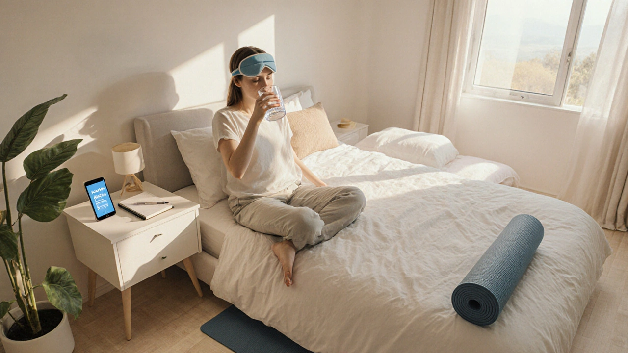 Morning bedroom with water glass, sleep mask, yoga mat and calm person practicing self‑care.