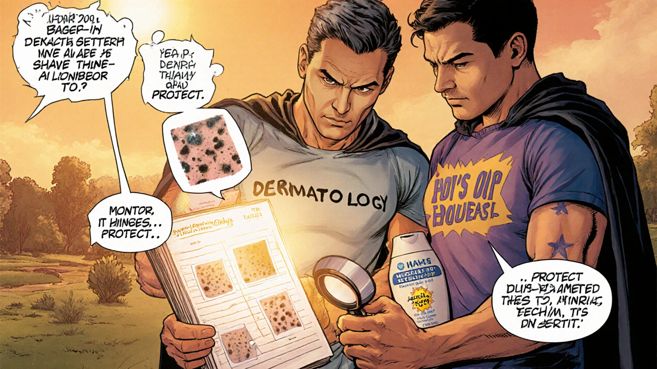 Patient and dermatologist review a skin diary, showing photos of spots and sunscreen.