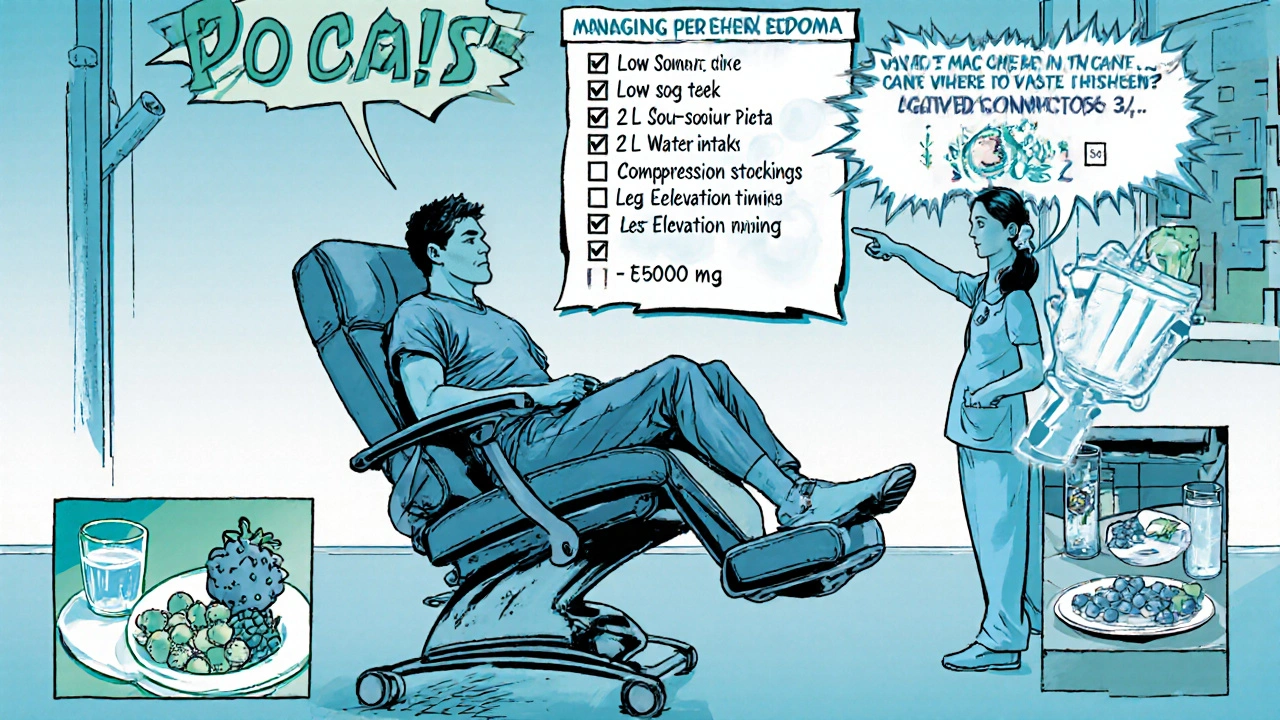Patient elevates legs, drinks water, and wears compression stockings with a checklist banner.