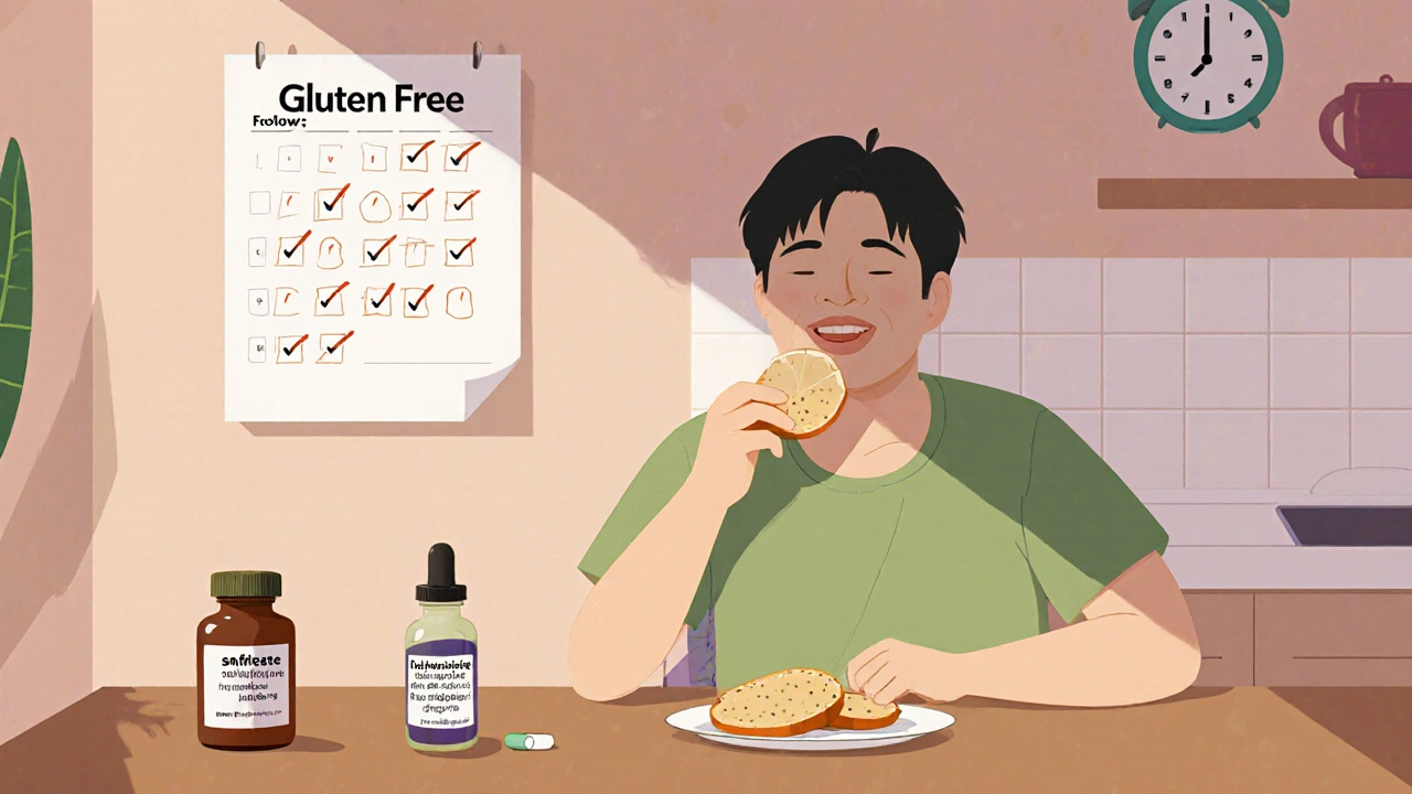 Patient enjoying gluten‑free meal with calendar and alternative meds nearby.