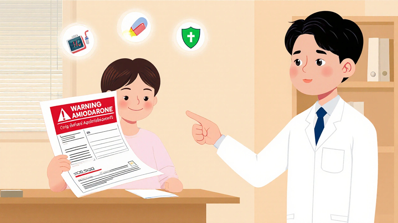 Patient in doctor’s office, amiodarone prescription with warning, alternatives like ablation and pills floating above.