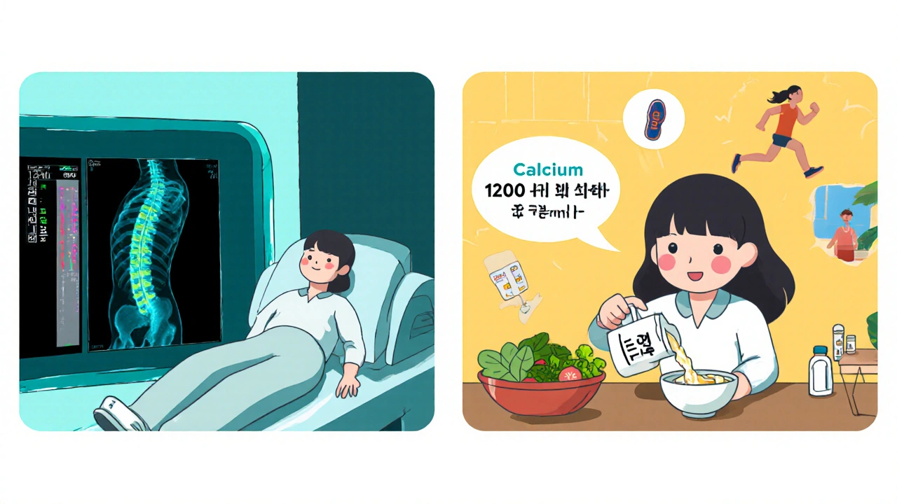 Patient on DXA scanner beside a kitchen scene of calcium‑rich foods and exercise icons.