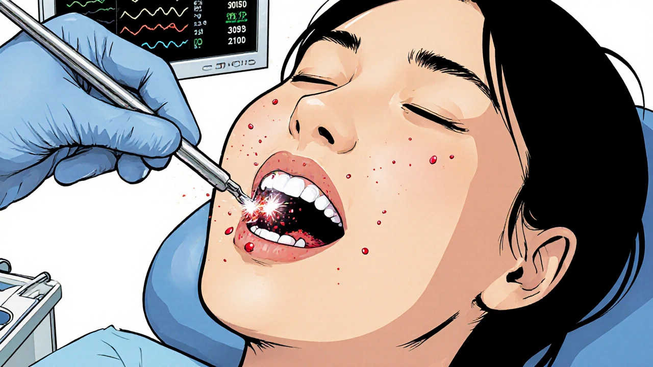 Periodontal surgery with minimal bleeding shown during a Clonidine‑assisted procedure.