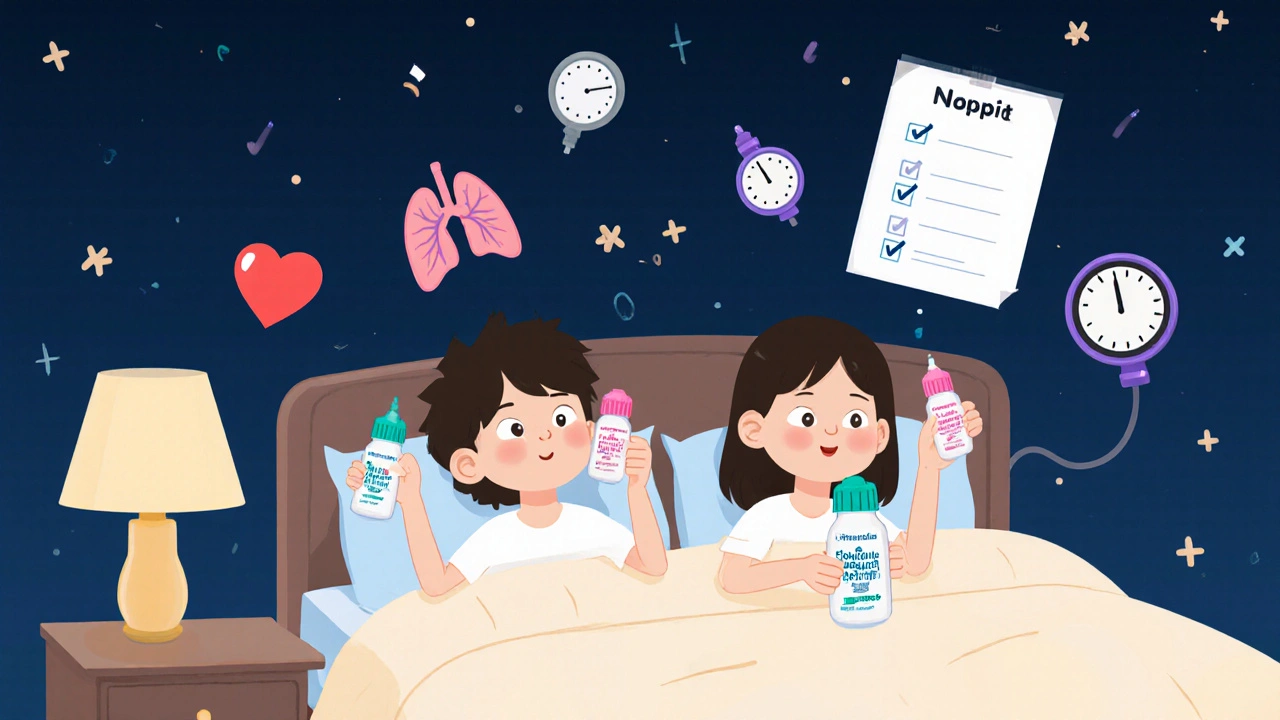 Person applies eye drops at home with icons representing health factors.
