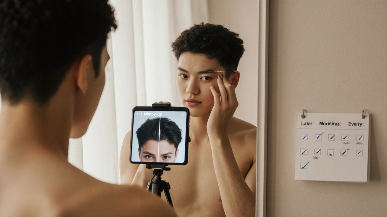 Person applying Minoxytop while viewing before‑after scalp photos on a phone.