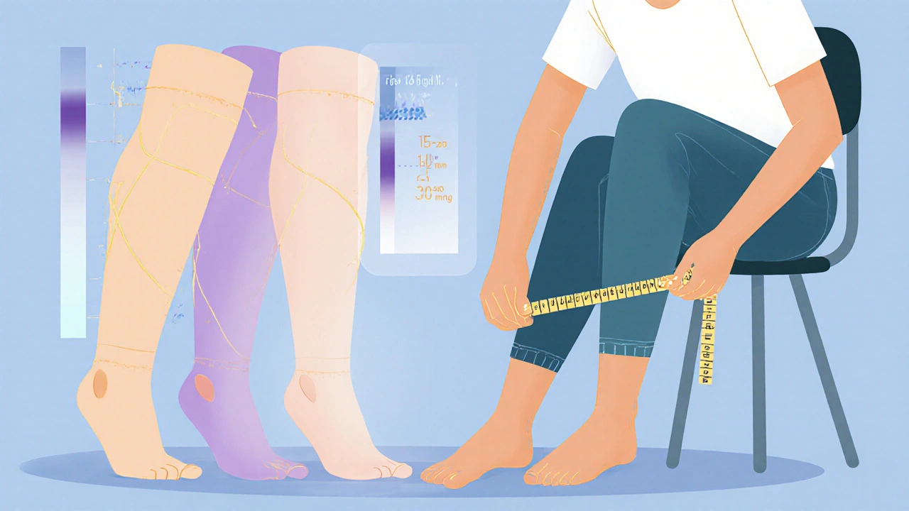 Person measuring leg dimensions with tape measure beside knee‑high, thigh‑high, and pantyhose stockings.