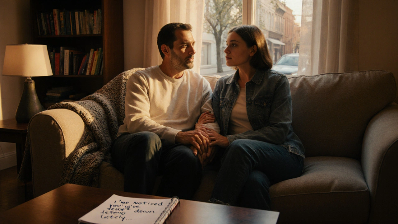 Photorealistic scene of two people on a couch, one listening attentively with a hand on the other's forearm, notebook visible.
