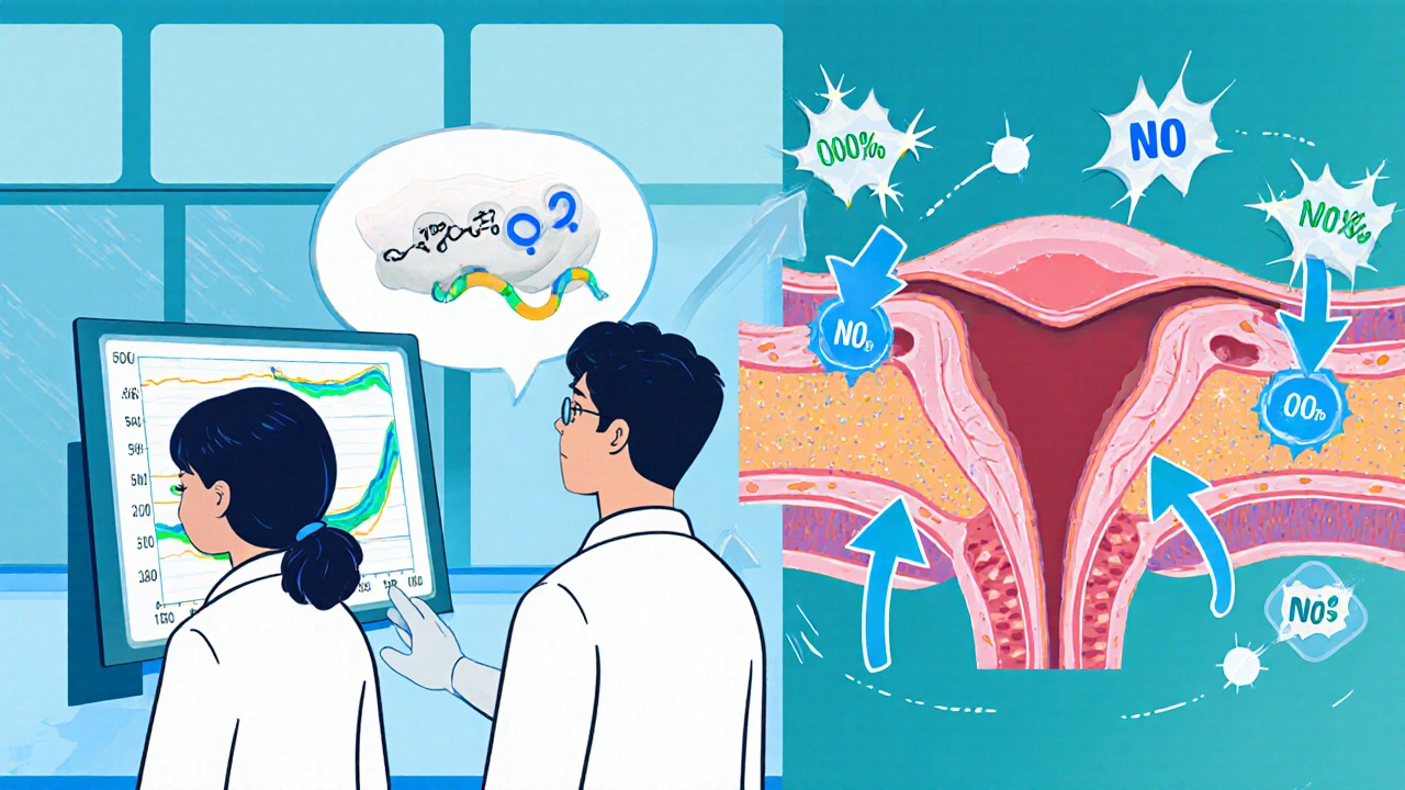 Researchers study a diagram of penile artery with blood flow and nitric oxide symbols, alongside an atorvastatin molecule.
