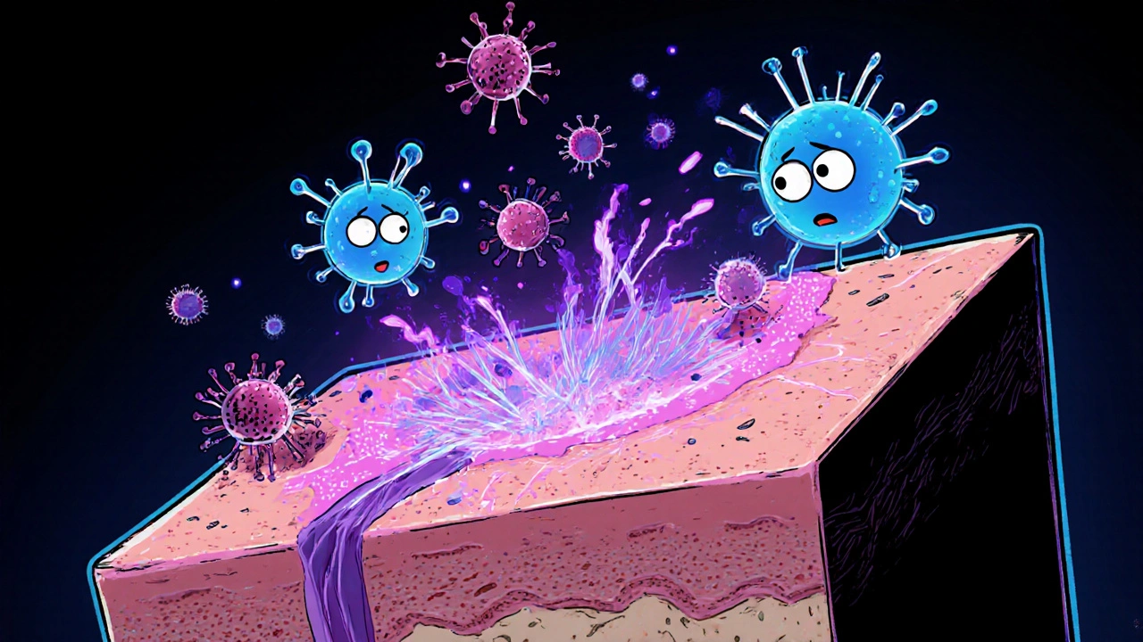 Skin cross‑section showing IgA deposits, neutrophils, and dapsone stopping inflammation.