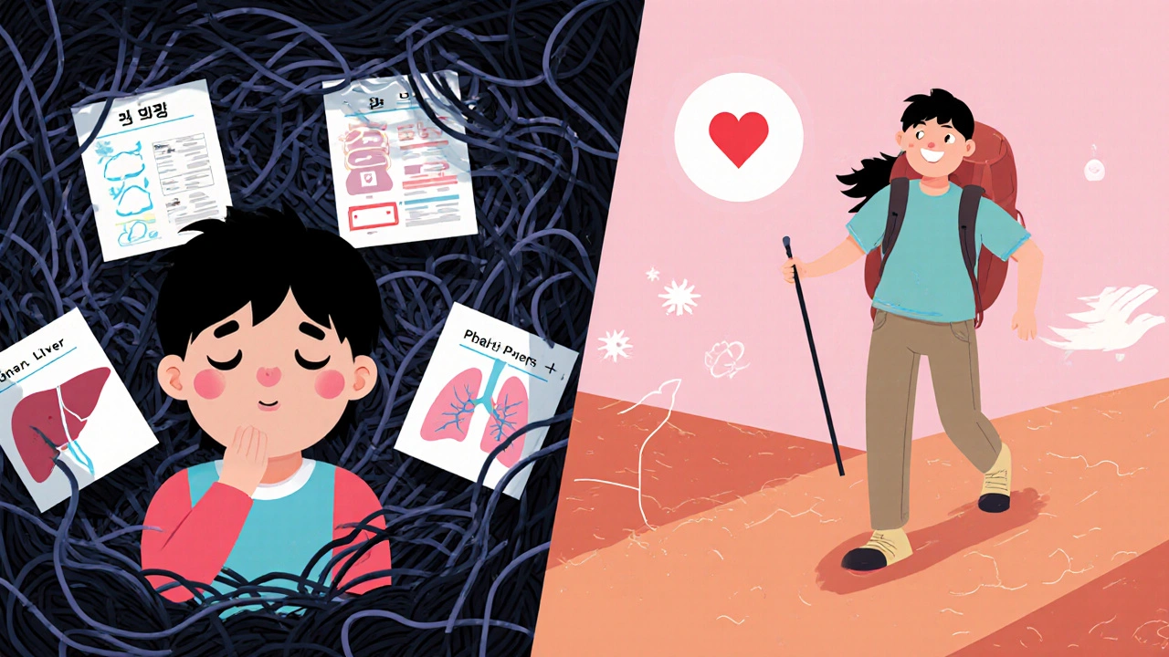 Split scene: person with health warnings on left, active and healthy on right with ablation light glowing softly.