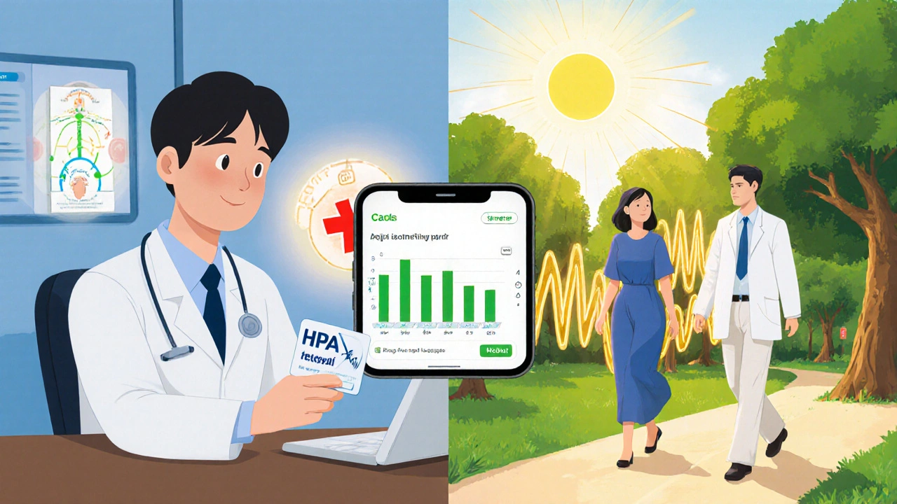 Split scene: suppressed HPA axis in doctor’s office vs. healthy cortisol flow during a walk with therapist.