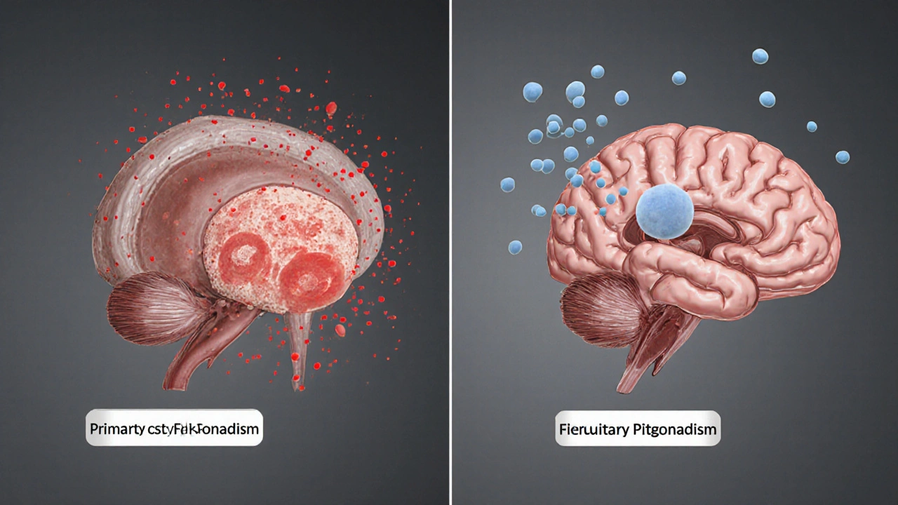 Split view of testicular atrophy with high hormones and pituitary tumor with low hormones.