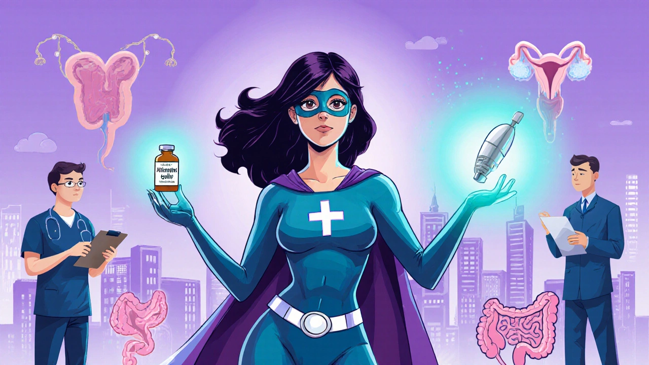 Superhero woman holds medical tools with supporting doctors, symbolizing treatment and relief.