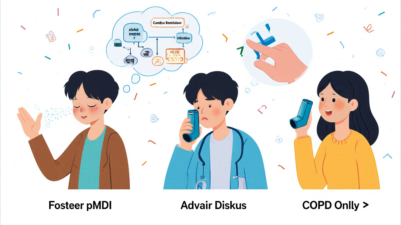 Three different inhalers being used by a patient, each with distinct device styles and emotional reactions.