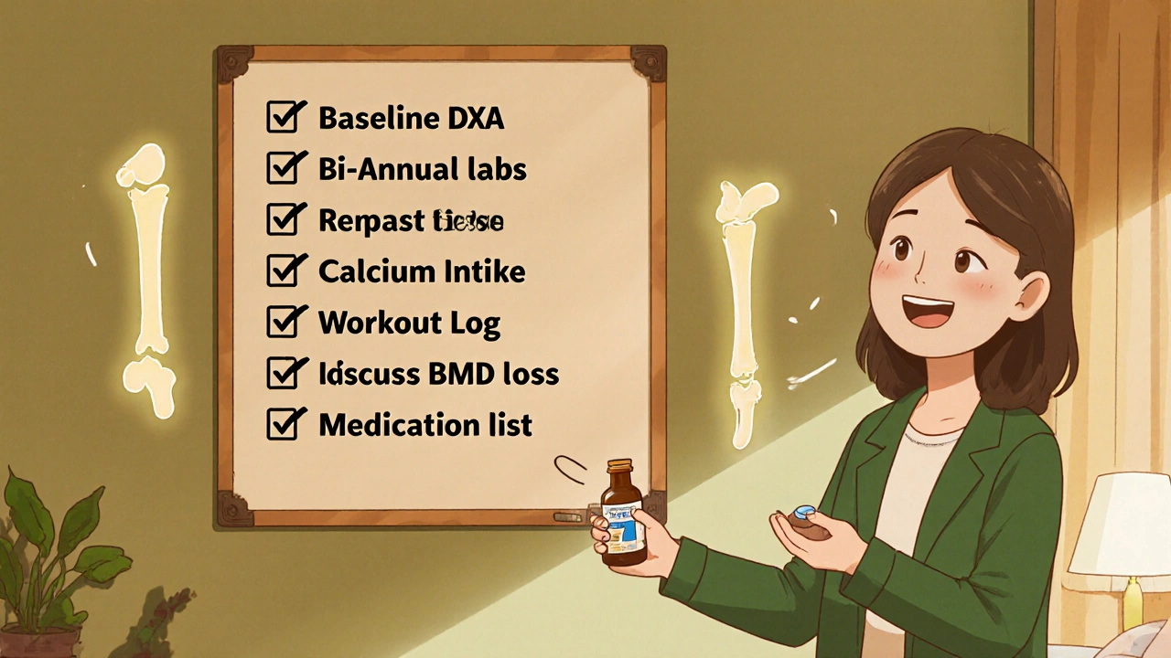 Wall checklist of bone‑health steps with patient holding calcium and bisphosphonate tablets.