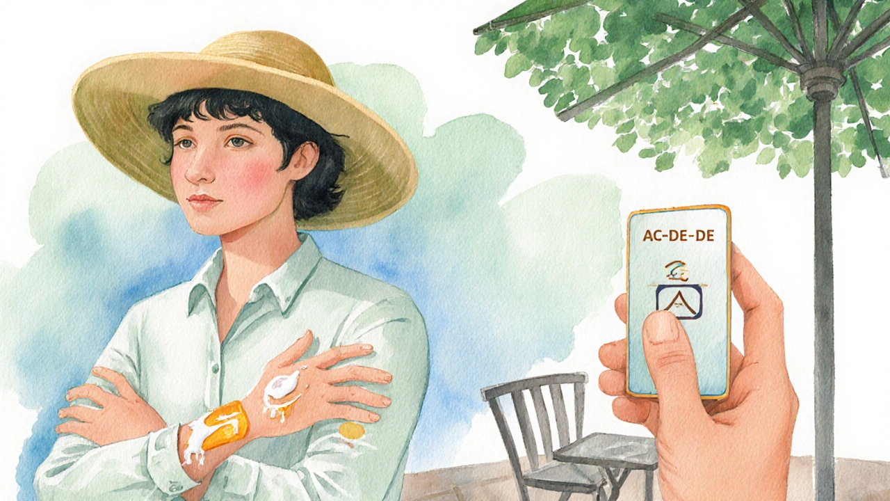 Watercolor scene of a person applying sunscreen, wearing protective clothing, and checking skin.