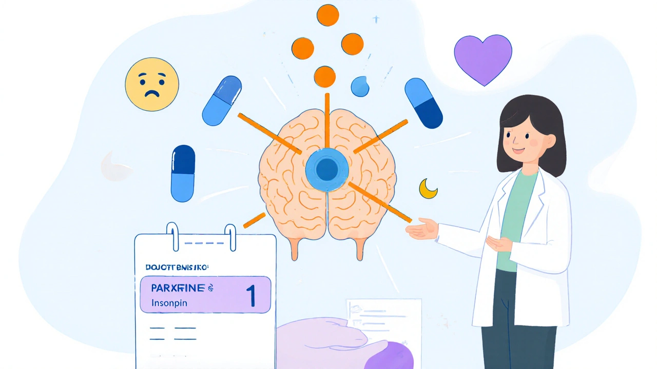 Webtoon diagram of a brain synapse showing Paroxetine blocking serotonin reuptake with side‑effect icons.