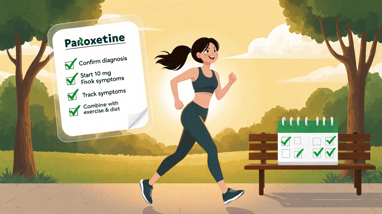 Woman jogging happily with a floating treatment checklist and calendar showing improved cycles.