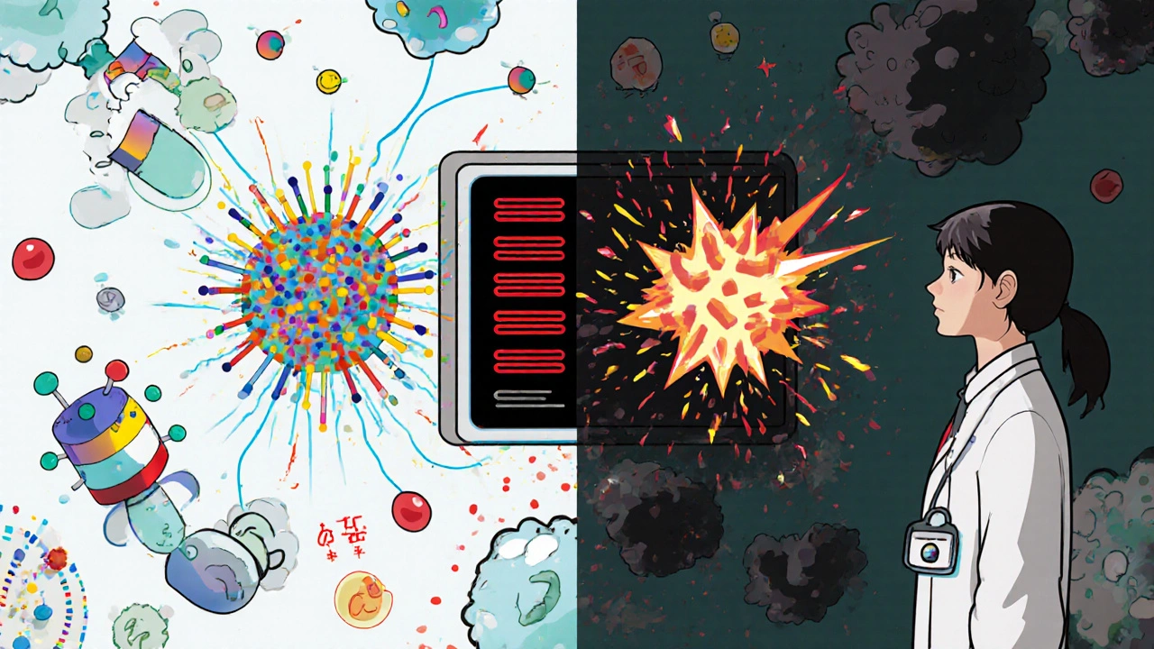 A branded chemotherapy combo flows smoothly, while a generic version causes toxic disruptions in nerve and blood cells.