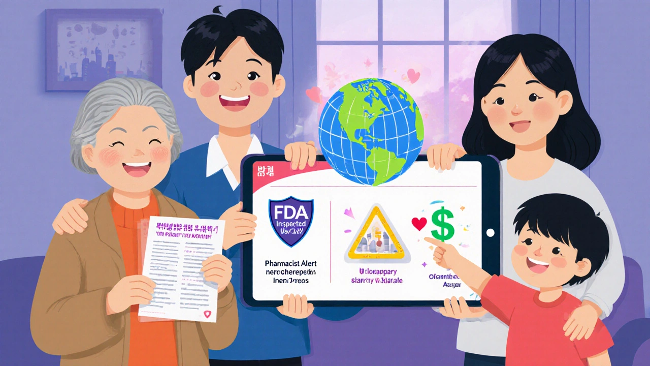 A family views an interactive FDA infographic on a tablet, with animated icons showing safety, cost savings, and factory inspections.