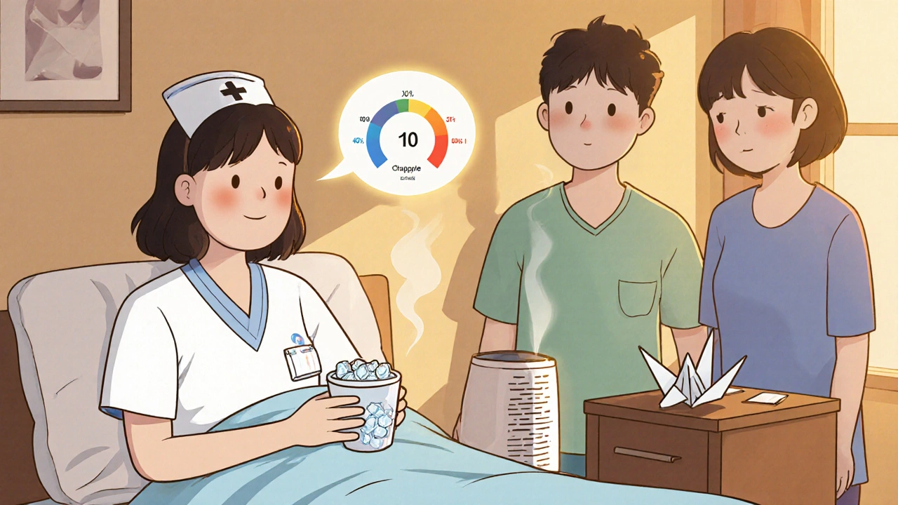 A hospice nurse offers ice chips to a patient while a chaplain listens quietly in a warm living room with a humidifier misting the air.