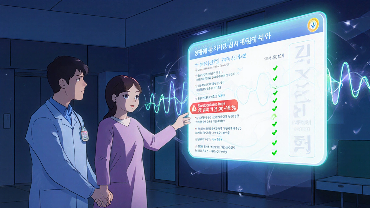 A hospital screen displays a 12-factor scoring system for generic cancer drugs, with a pharmacist and patient reviewing it together.
