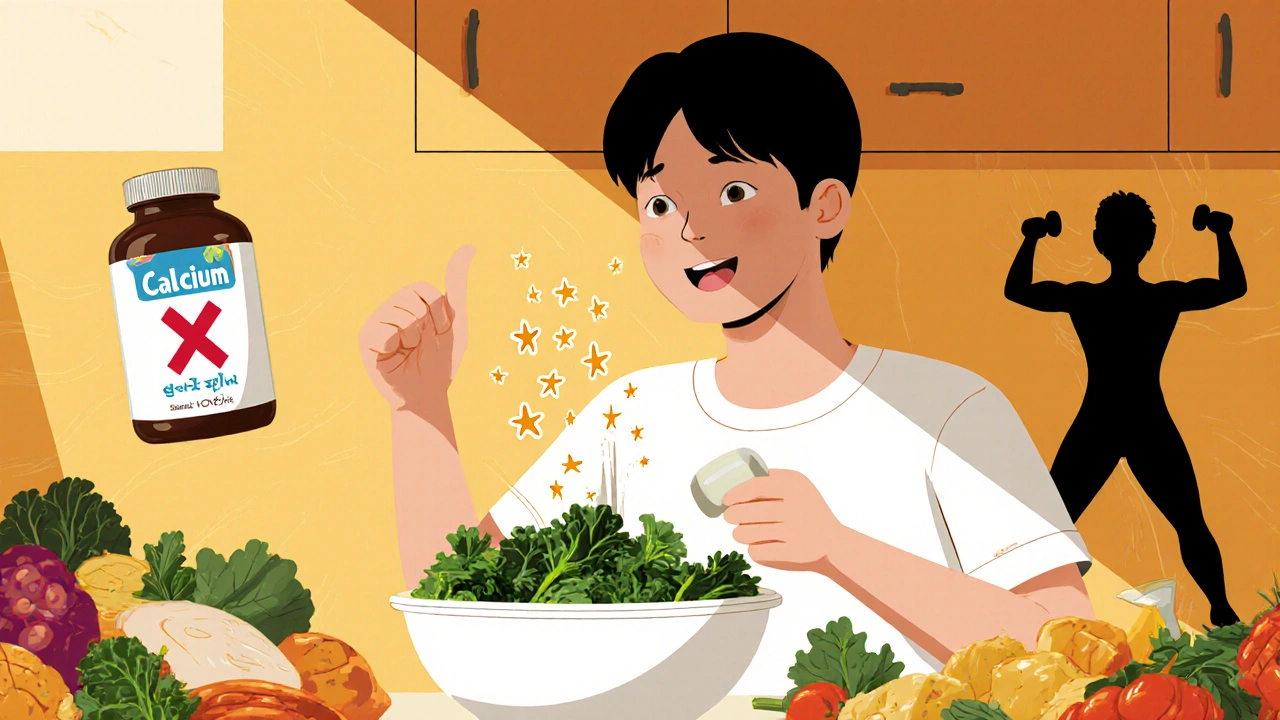 A person eating calcium-rich foods like kale and fortified milk, with dancing nutrient stars, while a supplement bottle is marked with a red X.