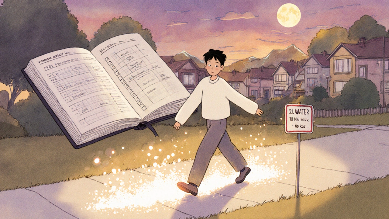 A person walking after dinner with glowing energy particles and a journal showing daily health logs.