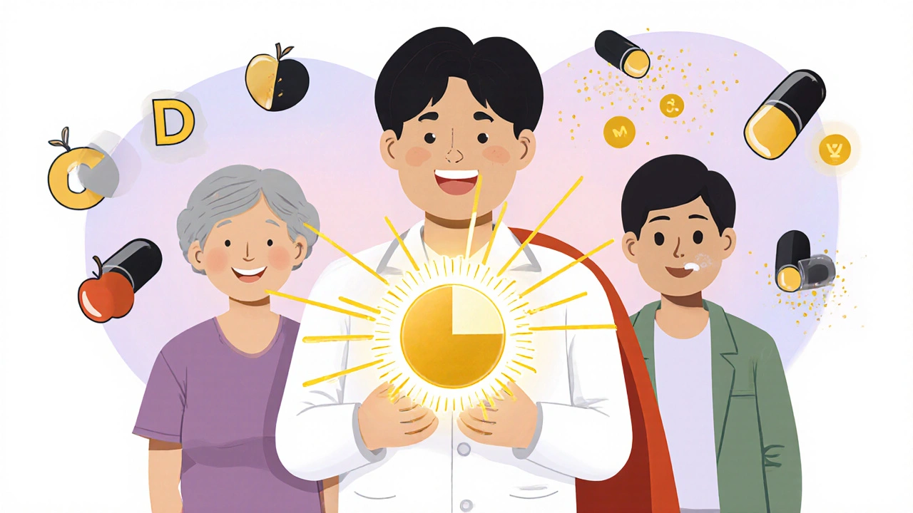 A pharmacist handing out calcium citrate tablets that glow with absorption rays to diverse patients, with healthy food icons floating around.