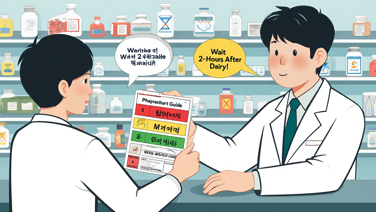 A pharmacist reviews a color-coded interaction guide with a patient at a pharmacy counter, floating warning bubbles visible.